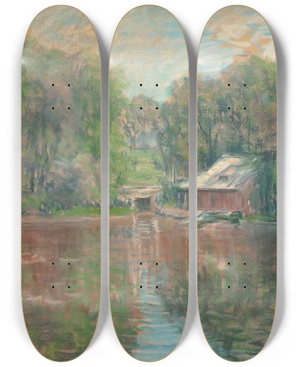 Triptych art skateboard deck of Arthur Clifton Goodwin Boathouse By The Water by Arthur Clifton Goodwin (1864-1929)