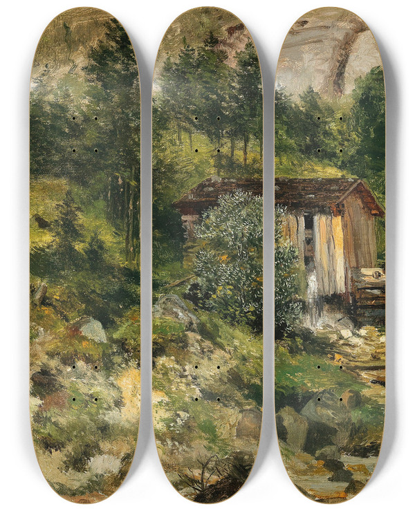 Triptych art skateboard deck of Emilie Medizpelikan Htte Am Pass Luegg by Emilie Mediz Pelikan (1861-1908)