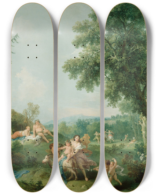 Triptych art skateboard deck of Francesco Zuccarelli Landscape With The Education Of Bacchus by Francesco Zuccarelli (1702-1788)