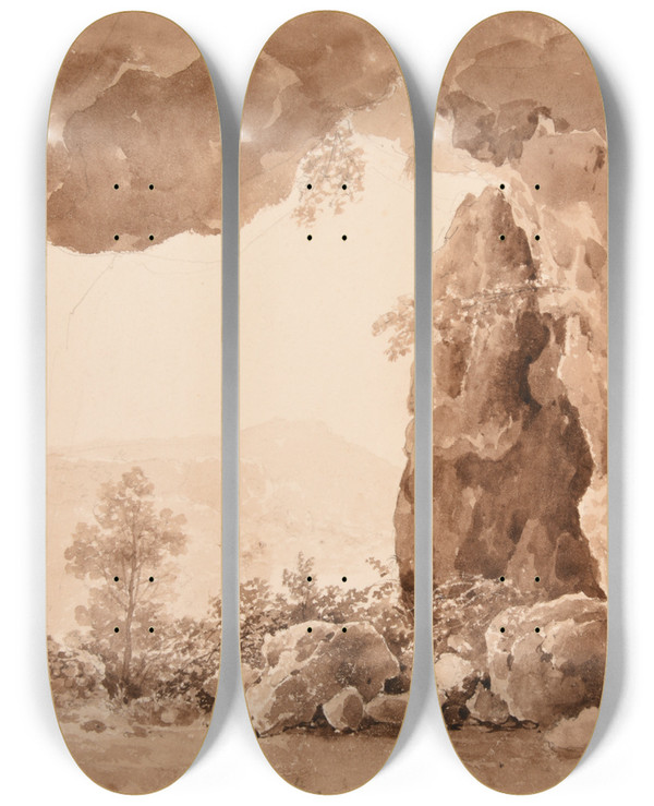Triptych art skateboard deck of Jacquesraymond Brascassat Grotte by Jacques Raymond Brascassat (1804-1867)