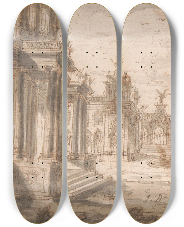 Triptych art skateboard deck of John Devoto A Capriccio by John Devoto