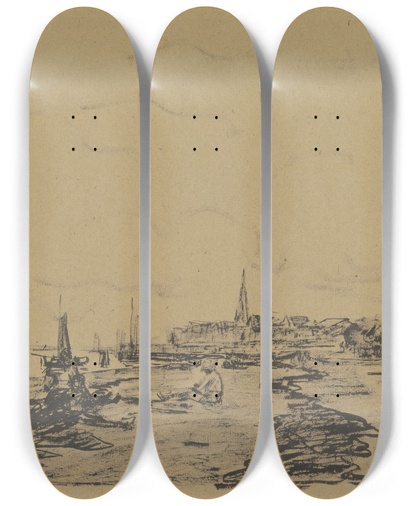 Triptych art skateboard deck of Ulrich Hbner View On Lbeck by Ulrich Hubner (1872-1932)