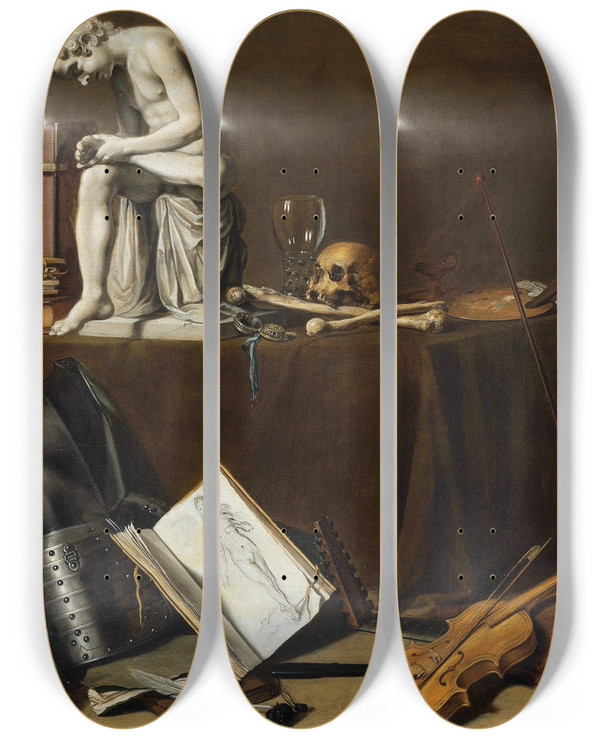 Triptych art skateboard deck of Pieter Claesz Vanitas Still Life With The Spinario by Pieter Claesz (1596-1660)