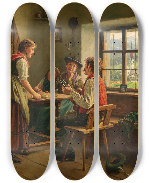 Triptych art skateboard deck of Emil Rau Unterhaltung In Der Stube by Emil Rau (1858-1937)