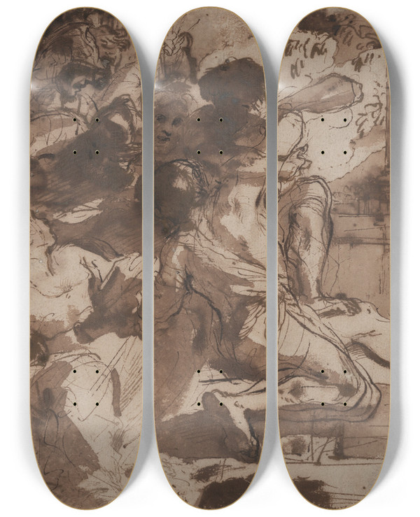 Triptych art skateboard deck of Guercino Samson Captured By The Philistines_2 by Guercino (1591-1666)