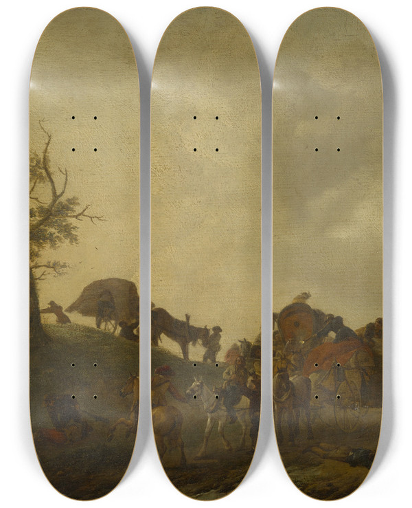 Triptych art skateboard deck of Philips Wouwerman An Assault Upon Travellers by Philips Wouwerman (1619-1668)