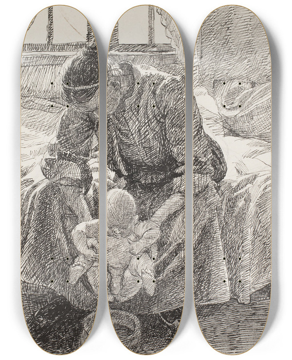 Triptych art skateboard deck of Fritz Syberg Kunstnerens Hustru Der Holder Sit Barn Frem by Fritz Syberg (1862-1939)