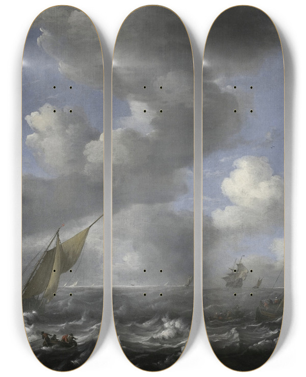 Triptych art skateboard deck of Ludolf Bakhuysen Seascape And Fishing Boats by Ludolf Backhuysen (1630-1708)