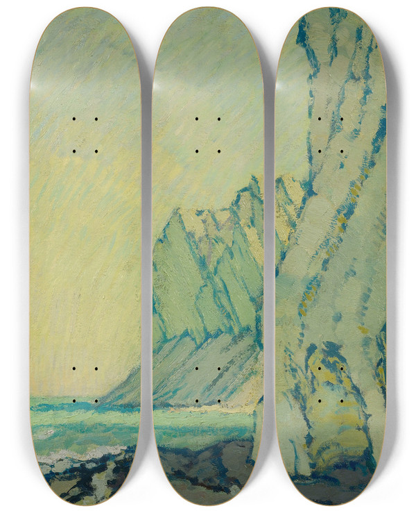 Triptych art skateboard deck of Johann Walterkurau Baltic Sea Cliffs by Johann Walter-Kurau (1869-1932)