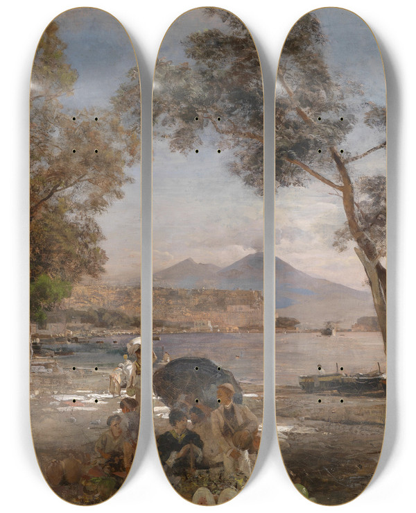 Triptych art skateboard deck of Oswald Achenbach Abendstimmung Am Golf Von Neapel by Oswald Achenbach (1827-1905)