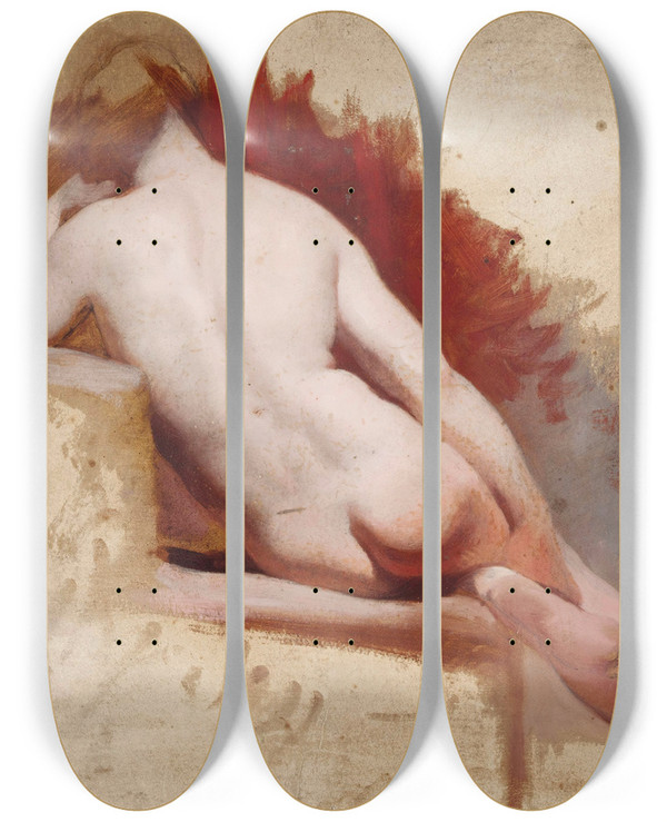 Triptych art skateboard deck of William Etty Seated Female Nude Study by William Etty (1787-1849)