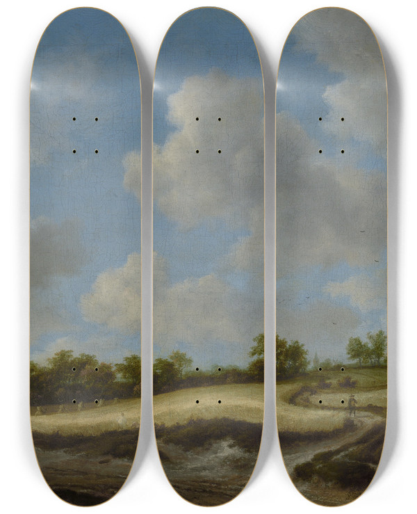 Triptych art skateboard deck of Jacob Van Ruisdael Landscape With A Wheatfield by Jacob Van Ruisdael (1628-1682)