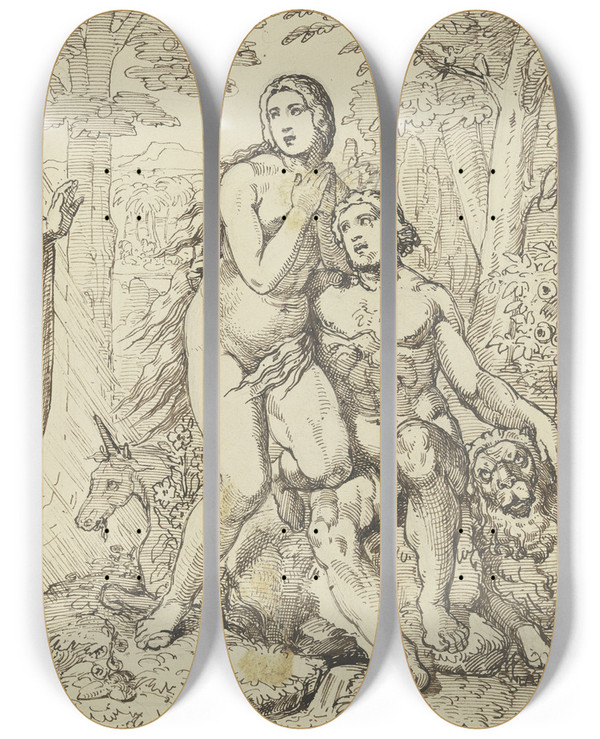 Triptych art skateboard deck of Ferdinand Fellner Ein Engel Berbringt Adam Und Eva Gottes Verbot Vom Baum Der Erkenntnis Des Guten Und Bsen Zu Essen by Ferdinand Fellner (1799-1859)