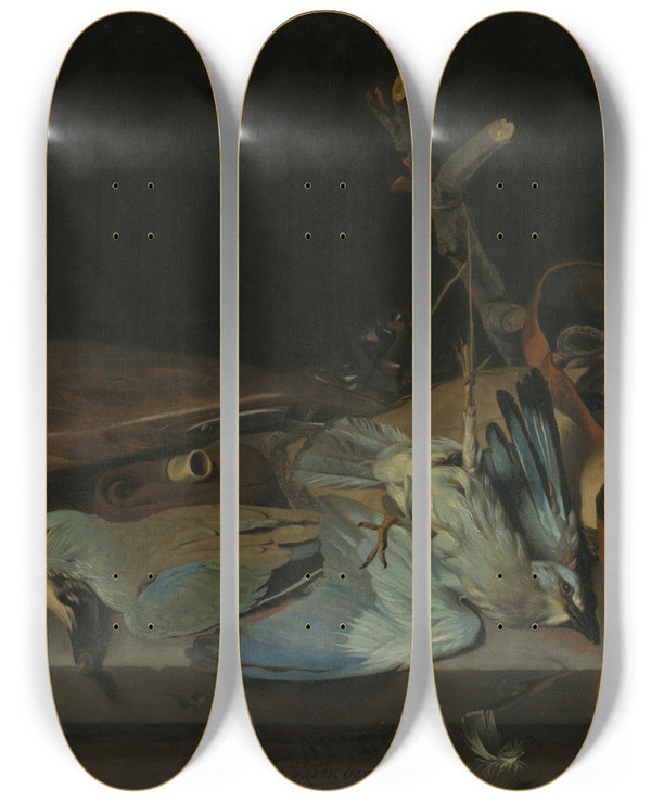 Triptych art skateboard deck of Hendrick Ten Oever Still Life With Hunting Implements And Birds by Hendrick Ten Oever (1639-1716)