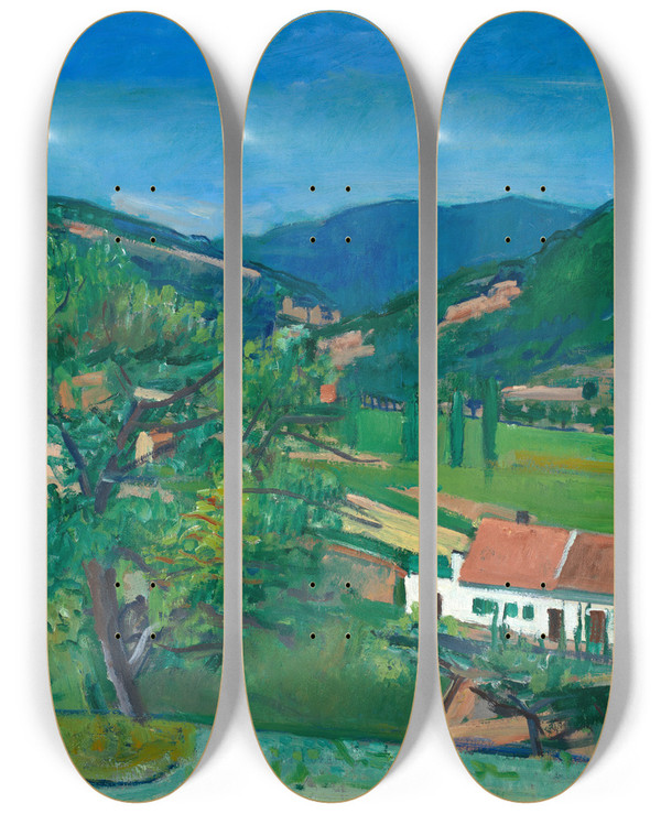 Triptych art skateboard deck of Karl Dillinger Blick Ins Isenachtal by Karl Dillinger (1882-1941)