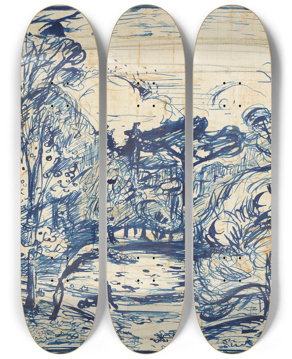 Triptych art skateboard deck of Emile Othon Friesz Skovinterieur Med Brndehugger La Cte De Grce Honfleur by Emile Othon Friesz (1879-1949)