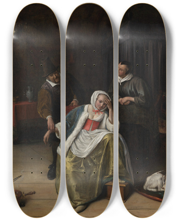 Triptych art skateboard deck of Jan Steen The Lovesick Maiden by Jan Steen (1626-1679)