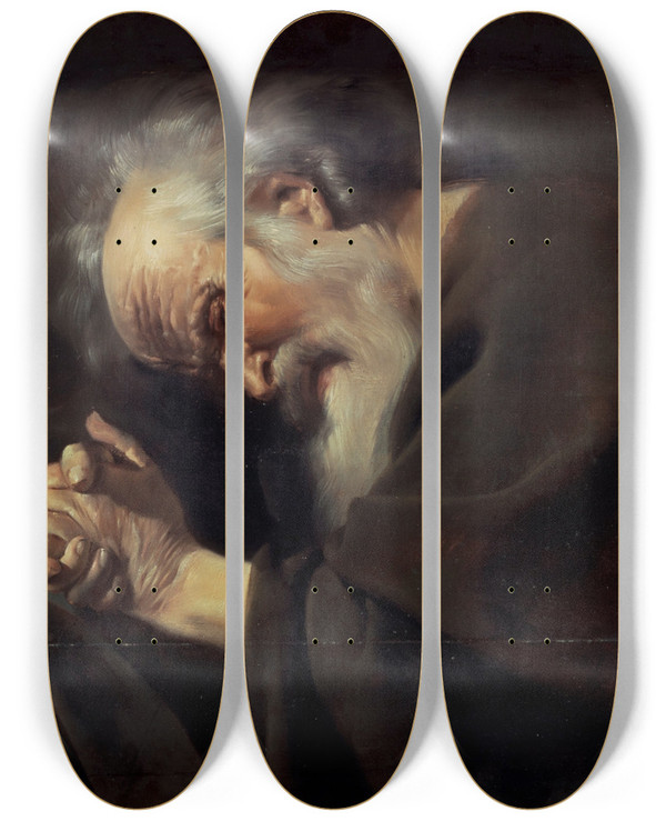 Triptych art skateboard deck of Johannes Paulus Moreelse Heraclitus by Johannes Pauwelsz Moreelse (1603-1634)