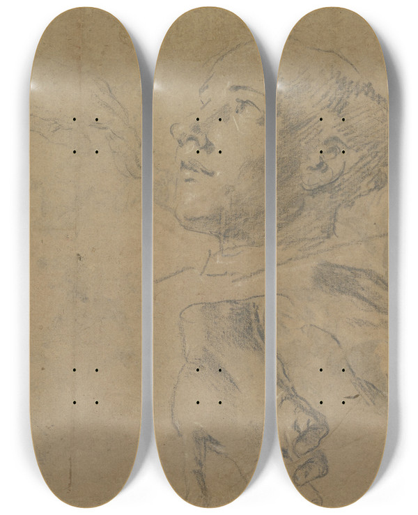 Triptych art skateboard deck of Gaspare Diziani Head And Hand Studies by Gaspare Diziani (1689-1767)