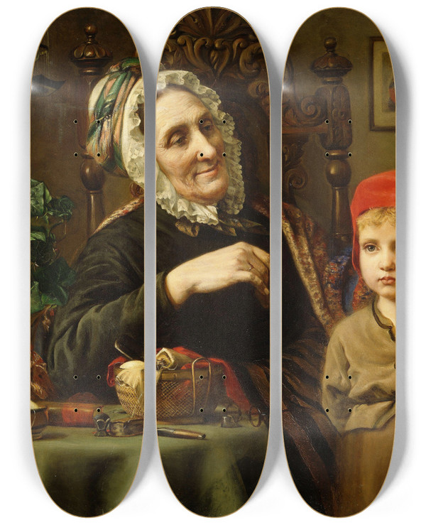 Triptych art skateboard deck of Harriet Backer Little Red Riding Hood by Harriet Backer (1845-1932)