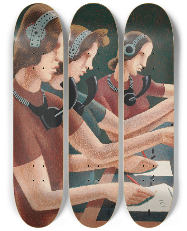 Triptych art skateboard deck of Edward Wadsworth Number Please by Edward Wadsworth