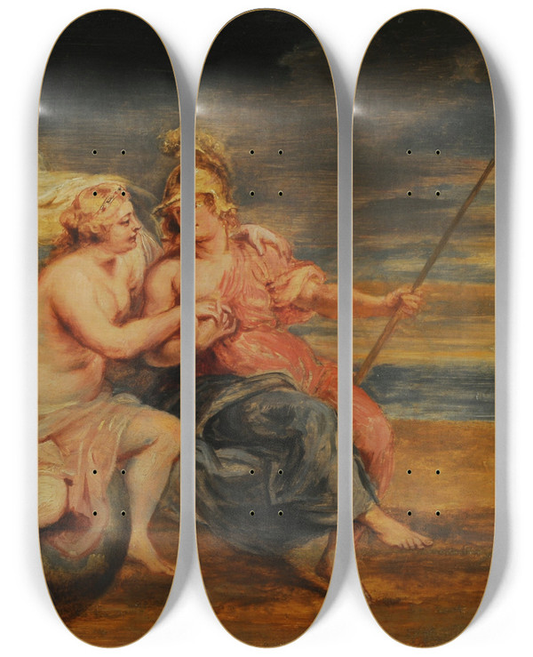 Triptych art skateboard deck of Peter Paul Rubens Alegora De La Fortuna Y La Virtud by Peter Paul Rubens (1577-1640)