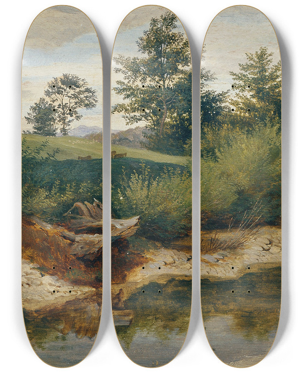 Triptych art skateboard deck of Friedrich Philipp Reinhold Bachlandschaft by Friedrich Philipp Reinhold (1779-1840)