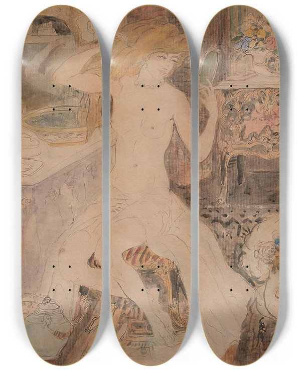 Triptych art skateboard deck of Georges Bottini Femme Sa Toilette by Georges Bottini