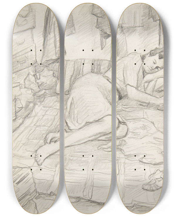 Triptych art skateboard deck of Ivan Ivanec Kobieta Pica Na Kocu Pord Paczek I Naczy by Ivan Ivanec (1893-1946)