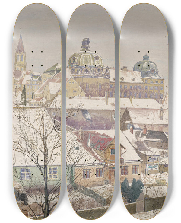 Triptych art skateboard deck of Max Kahrer Klosterneuburg Im Winter by Max Kahrer (1878-1937)