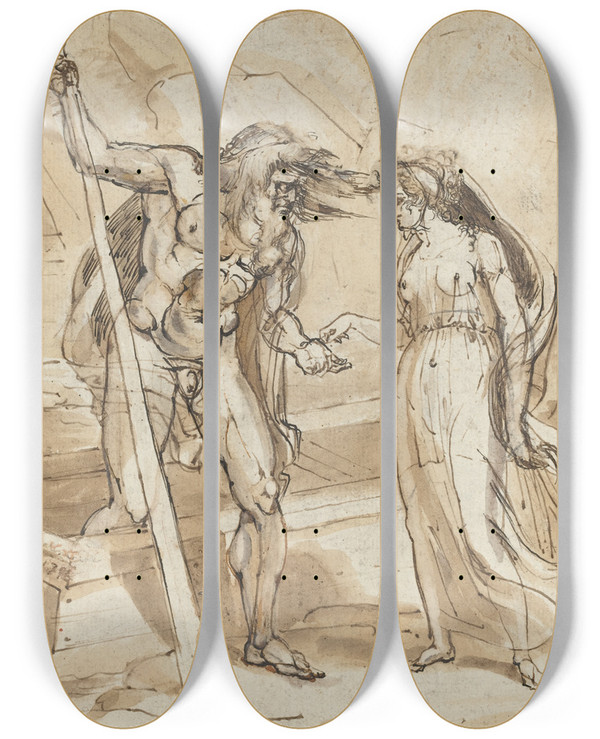 Triptych art skateboard deck of Henry Tresham Psyche Giving Her Coin To Charon by Henry Tresham (1750-1814)