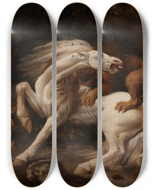 Triptych art skateboard deck of George Stubbs Horse Attacked By A Lion by George Stubbs (1724-1806)