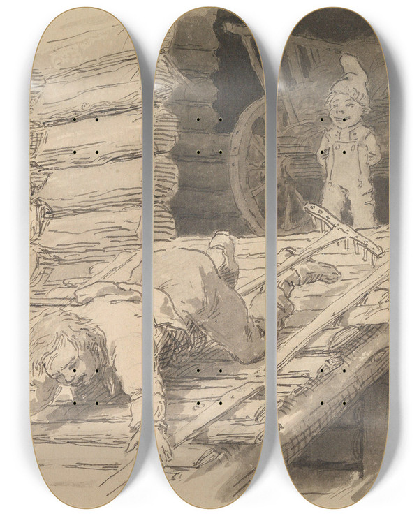 Triptych art skateboard deck of Hans Gude Je Rulla S Freskt At Je Aldri Har Rulla Freskere by Hans Gude (1825-1903)
