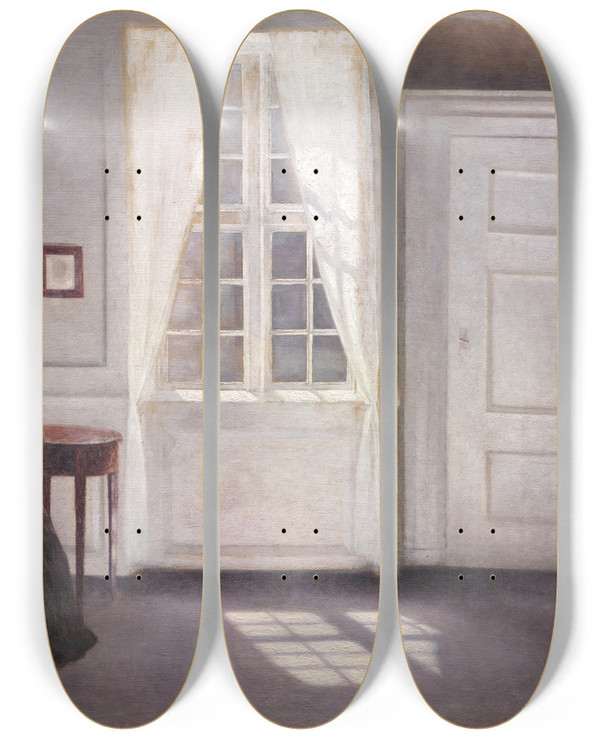 Triptych art skateboard deck of Vilhelm Hammershi Interior In Strandgade Sunlight On The Floor by Vilhelm Hammershoi (1864-1916)
