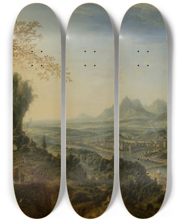 Triptych art skateboard deck of Jan Griffier River Landscape With Rhine Motifs And Troops Passing by Jan Griffier (1648-1718)