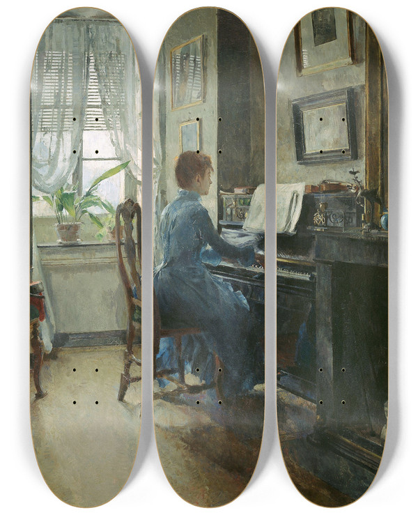 Triptych art skateboard deck of Harriet Backer Chez Moi by Harriet Backer (1845-1932)