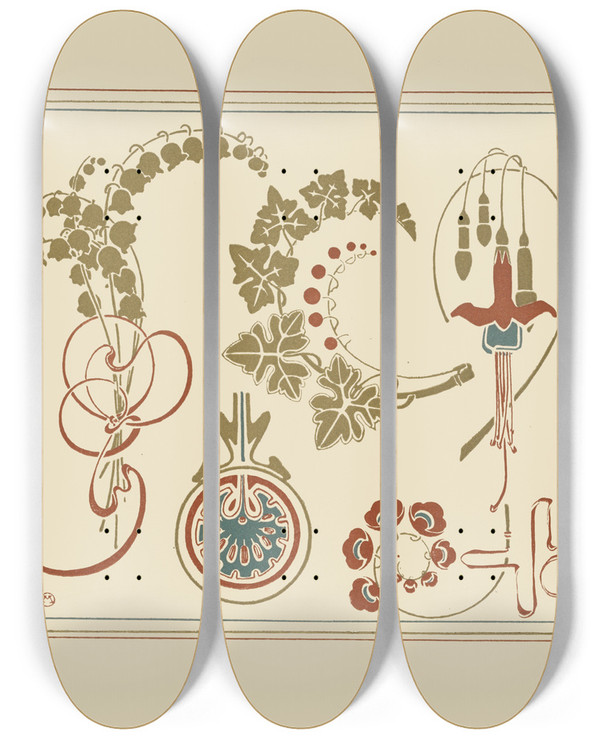 Triptych art skateboard deck of Alphonse Mucha Abstract Design Based On Flowers And Leaves by Alphonse Mucha (1860-1939)