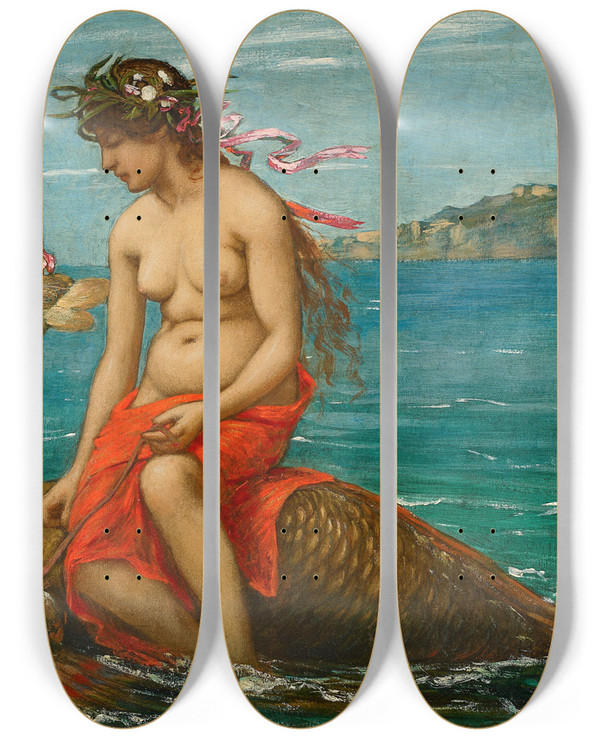 Triptych art skateboard deck of Hans Thoma Durch Die Fluten by Hans Thoma (1839-1924)