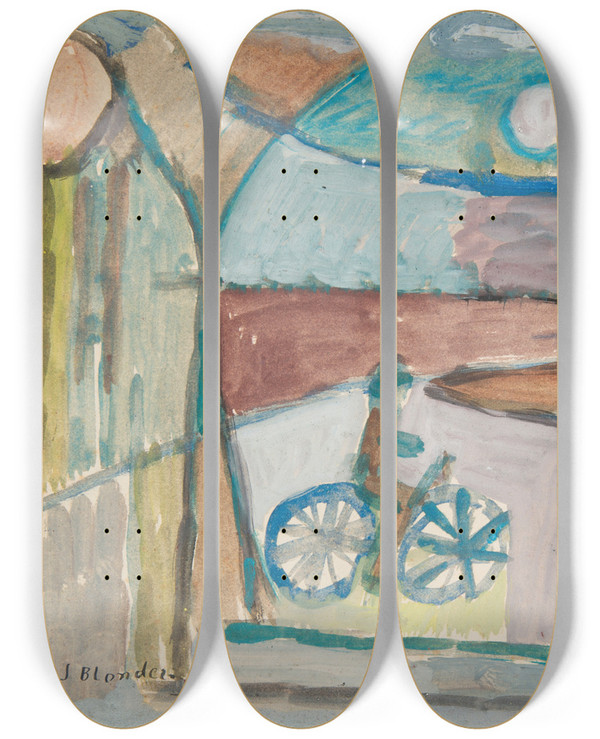 Triptych art skateboard deck of Sasza Blonder Rowerzysta Na Tle Pejzau by Sasza Blonder (1909-1949)