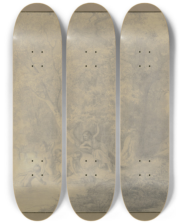 Triptych art skateboard deck of Carl Joseph Begas Badende Mdchen Am Waldesrande by Carl Joseph Begas (1794-1854)