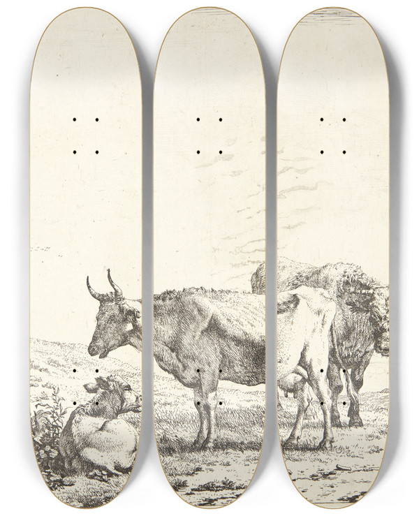 Triptych art skateboard deck of Karel Dujardin Koen Tyren Og Kalven by Karel Dujardin (1622-1678)