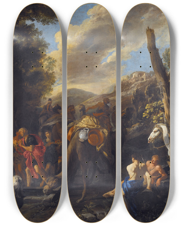 Triptych art skateboard deck of Domenico Gargiulo Rebecca And Eliezer At The Well by Domenico Gargiulo (1609-1675)