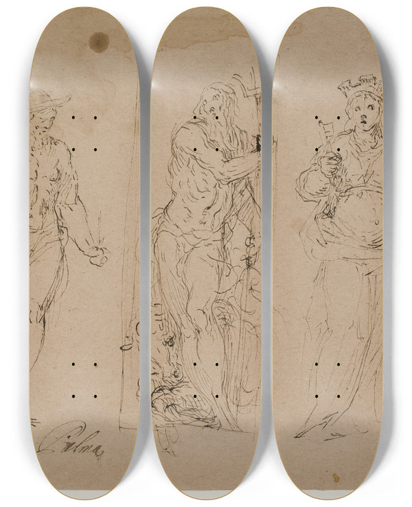 Triptych art skateboard deck of Jacopo Palma Il Giovane Neptun Flankeret Af Vulkan Og Personifikationen Af En By by Jacopo Palma Il Giovane (1548-1628)