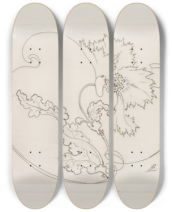 Triptych art skateboard deck of Flix Bracquemond Plat Rond Pavot by Felix Bracquemond (1833-1914)