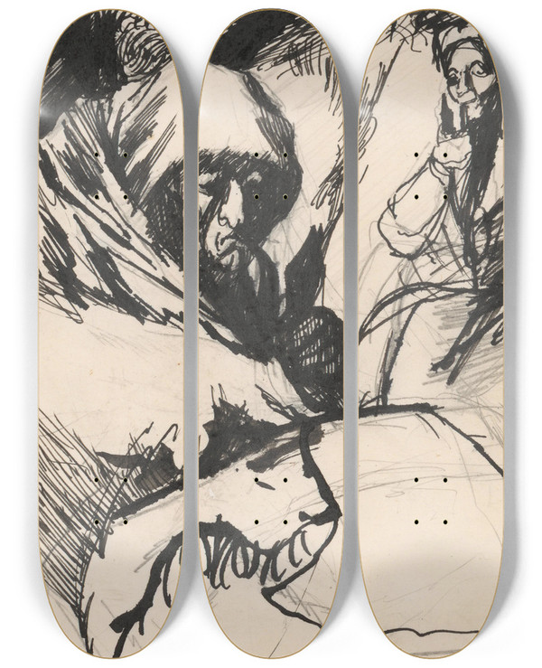 Triptych art skateboard deck of Jn Novk Two Old Women by Jan Novak (1921-1944)