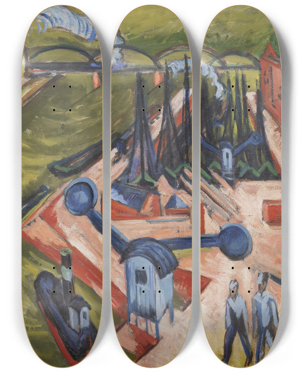 Triptych art skateboard deck of Ernst Ludwig Kirchner Western Harbour In Frankfurt Am Main_2 by Ernst Ludwig Kirchner (1880-1938)