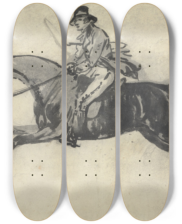 Triptych art skateboard deck of Julius Caesar Ibbetson Galloping Rider With Whip Under His Arm by Julius Caesar Ibbetson (1759-1817)