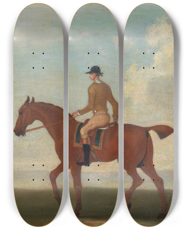 Triptych art skateboard deck of James Seymour One Of Four Portraits Of Horses A Chestnut Racehorse With Jockey Up Walking To The Left Jockey I by James Seymour (1697-1752)