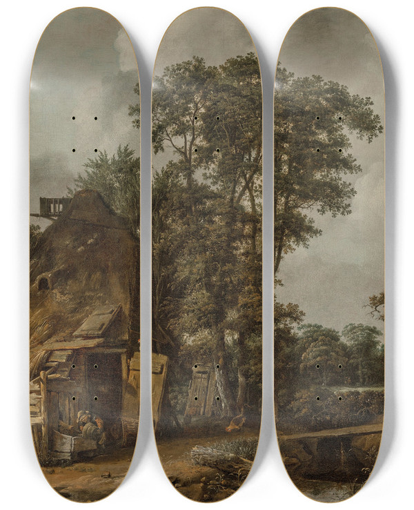 Triptych art skateboard deck of Cornelis Gerritsz Decker A Landscape With A Farmhouse By A Stream by Cornelis Gerritsz Decker (1618-1678)