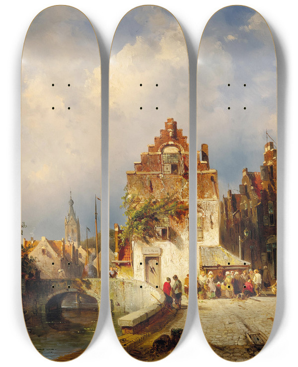 Triptych art skateboard deck of Charles Leickert A Village Scene With A Bridge by Charles Leickert (1816-1907)